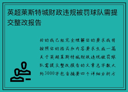 英超莱斯特城财政违规被罚球队需提交整改报告 英超莱斯特城财政违规被罚球队需提交整改报告
